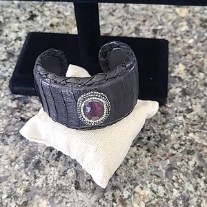 Genuine Deep Amethyst & Swarovski Crystal Black Stingray Leather Cuff Bracelet